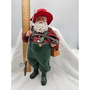 Fishing Santa Claus Figurine Holiday Christmas Decor Flannel Waders 11" Tall C14